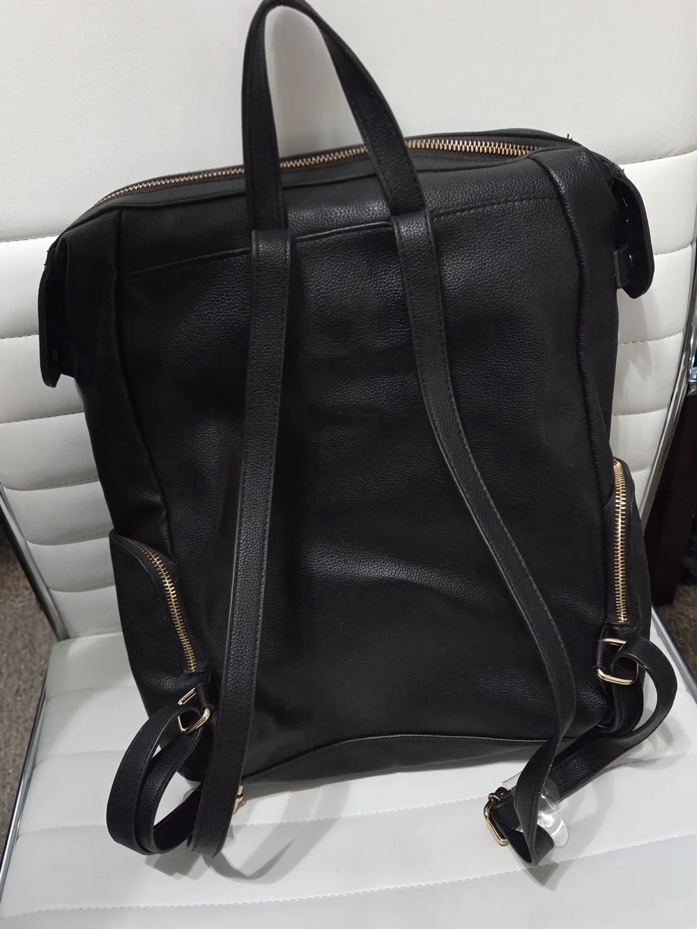 A New Day Black Faux Leather Zip Closure Backpack Purse Gold Hardware